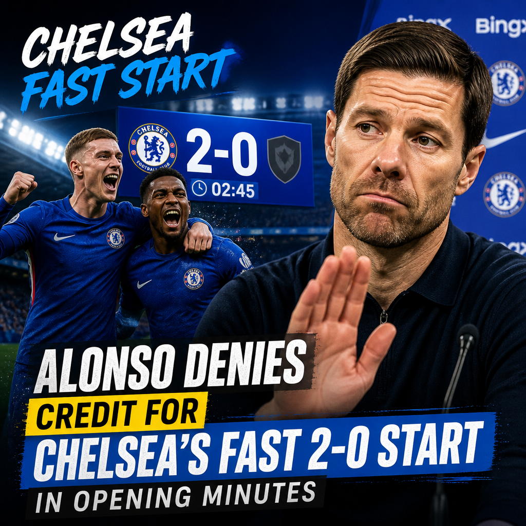 Chelsea players celebrating after scoring two early goals while Alonso stays composed on the pitch.
