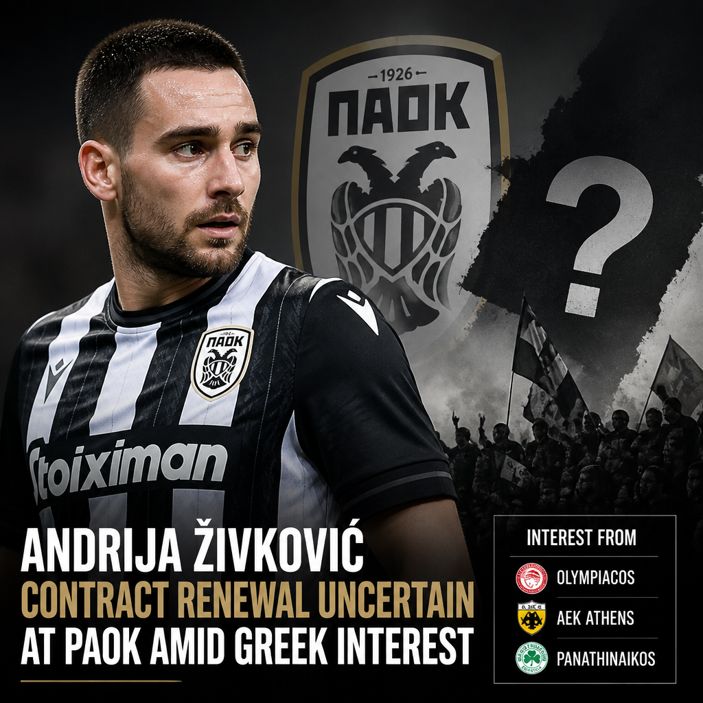 Andrija Živković in PAOK jersey on the field with blurred stadium background.