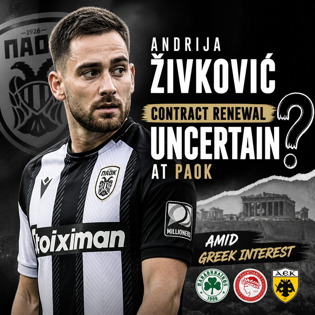 Andrija Živković in PAOK jersey looks focused during a football match.