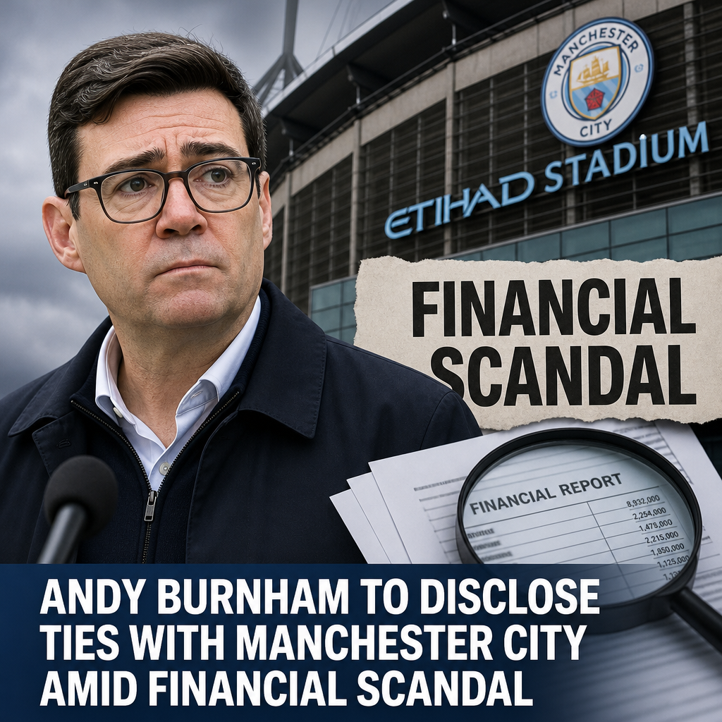 Andy Burnham speaking at Etihad Stadium about financial scandal ties with Manchester City.
