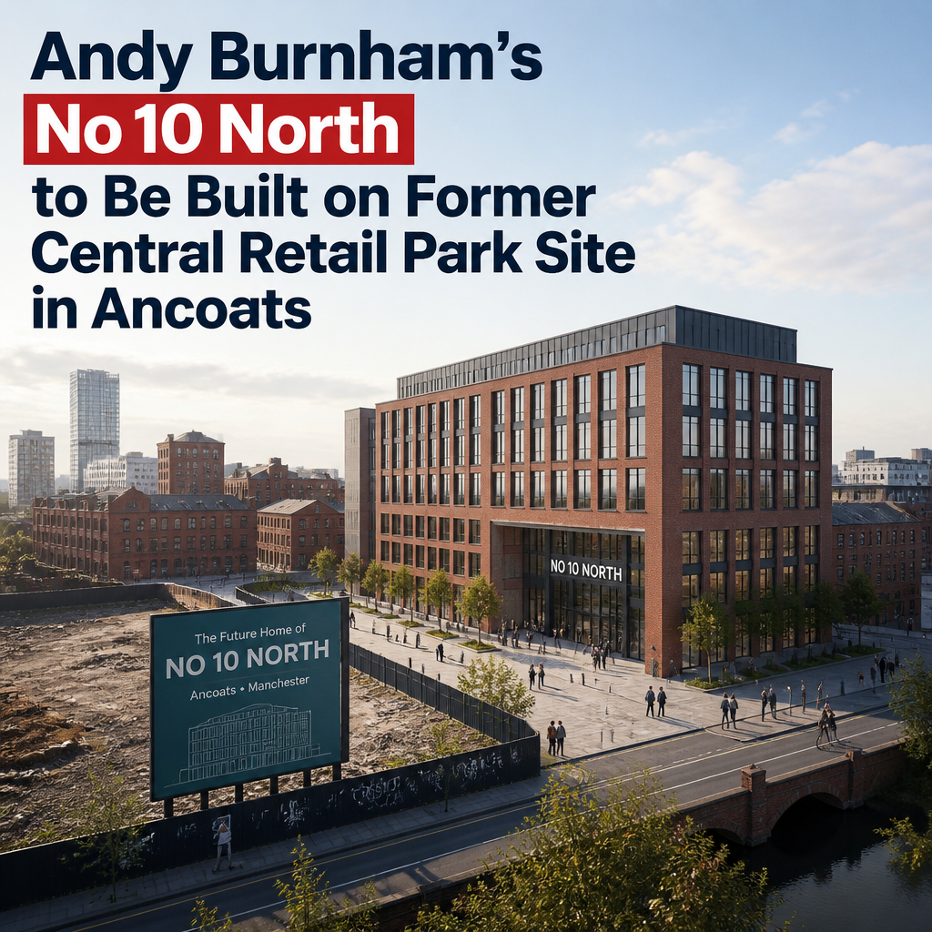Architectural rendering of Andy Burnham’s No 10 North office building in Ancoats, Manchester, on former retail park site.