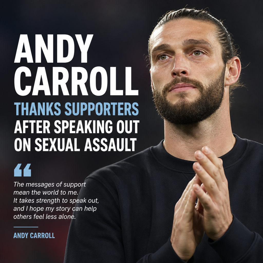Andy Carroll speaking at a microphone, expressing gratitude to supporters.