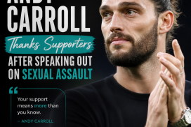 Andy Carroll speaking at a microphone, thanking supporters after addressing sexual assault awareness and support.