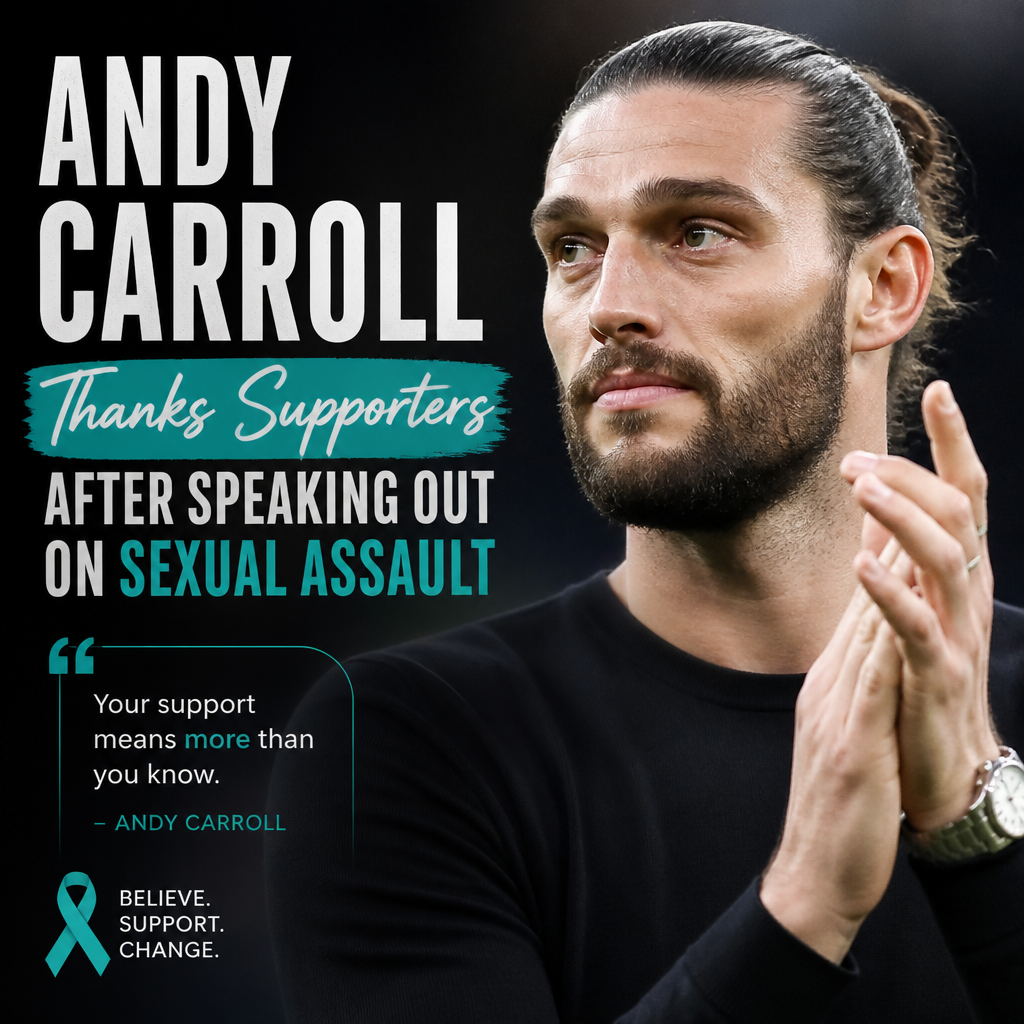 Andy Carroll speaking at a microphone, thanking supporters after addressing sexual assault awareness and support.