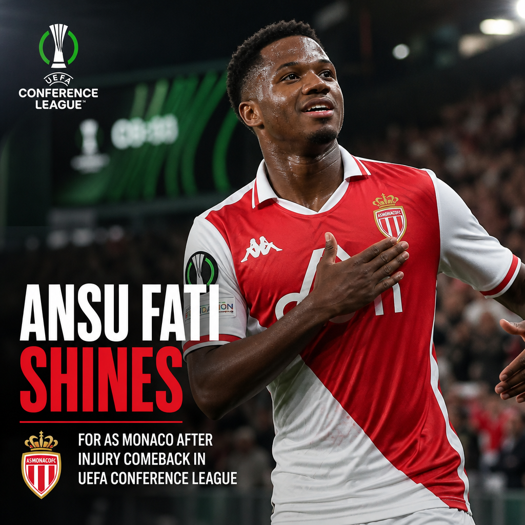 Ansu Fati celebrating a goal for AS Monaco in the UEFA Conference League after his injury comeback.
