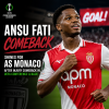Ansu Fati celebrates after scoring for AS Monaco in the UEFA Conference League following his injury comeback.
