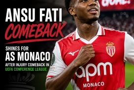 Ansu Fati celebrates after scoring for AS Monaco in the UEFA Conference League following his injury comeback.