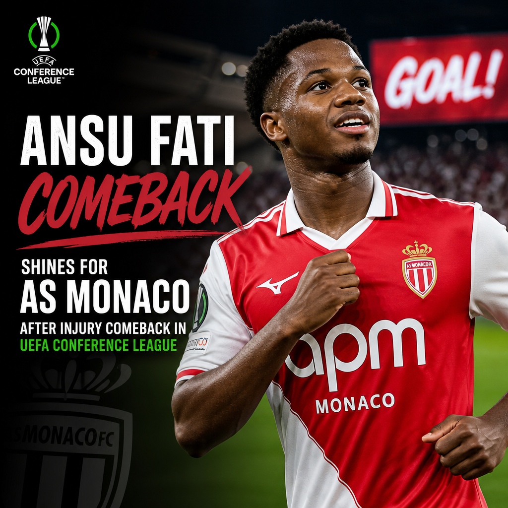 Ansu Fati celebrates after scoring for AS Monaco in the UEFA Conference League following his injury comeback.