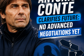 Antonio Conte speaking at a press conference, clarifying his future with no advanced negotiations yet.