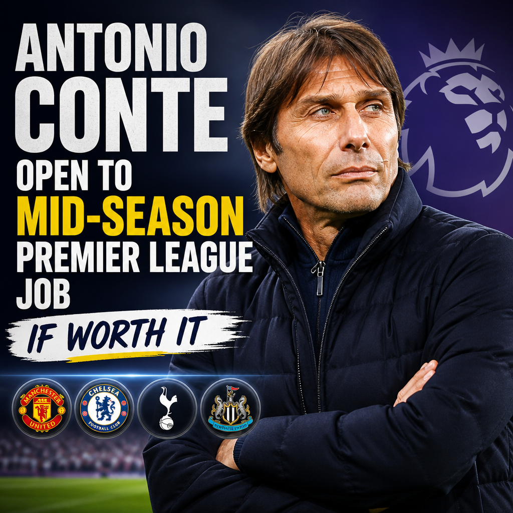 Antonio Conte speaking at a press conference, wearing a suit and tie, with a blue background.