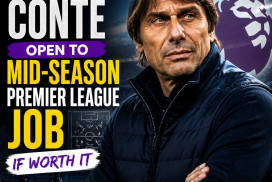 Antonio Conte in a suit speaking on a football pitch, open to mid-season Premier League job offers.