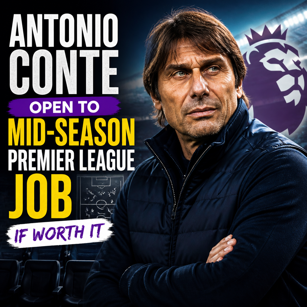 Antonio Conte in a suit speaking on a football pitch, open to mid-season Premier League job offers.