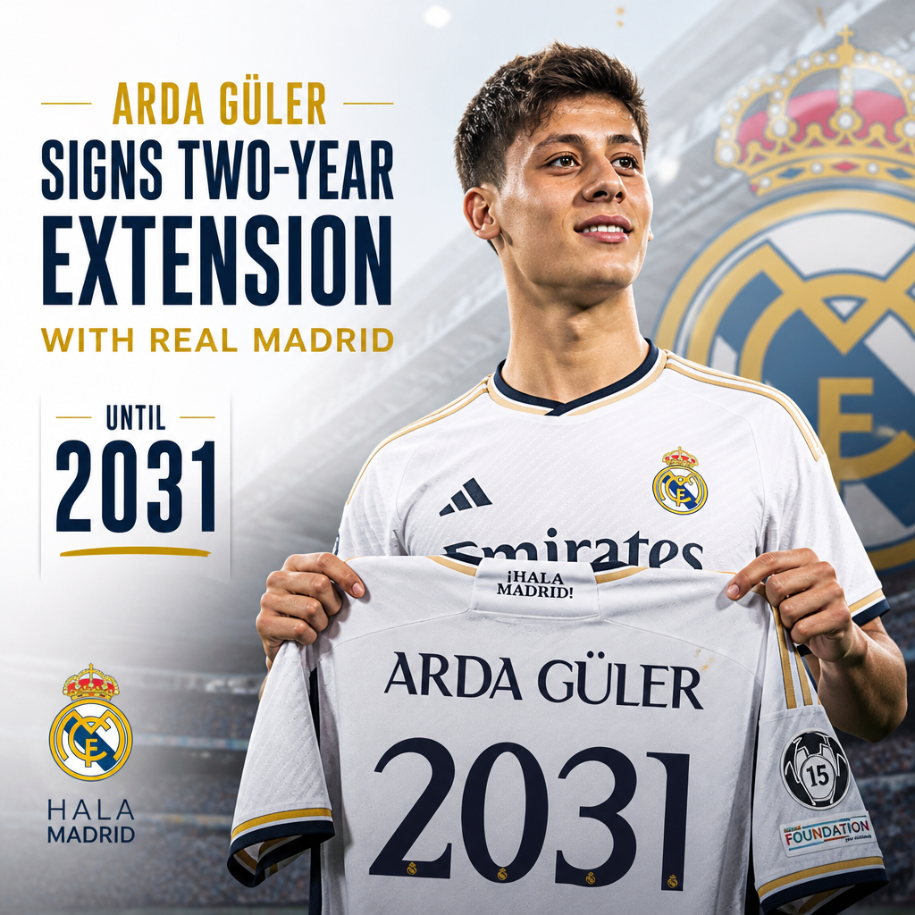 Arda Güler smiling and signing a contract at Real Madrid with club logos visible in the background.