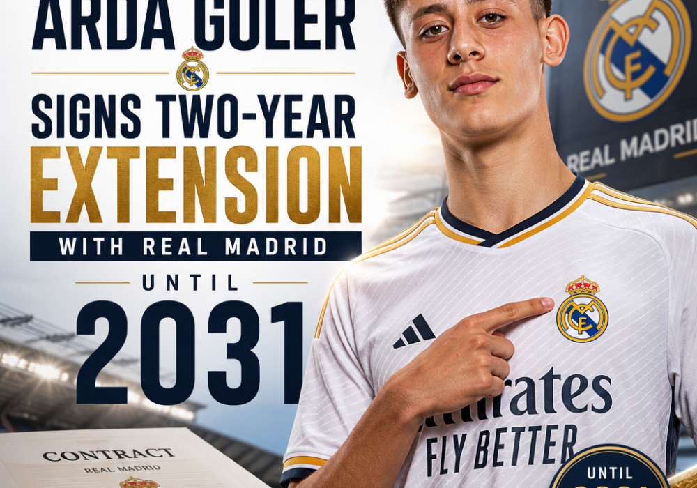 Arda Güler signing a two-year contract extension with Real Madrid until 2031, smiling and holding the agreement.