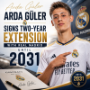 Arda Güler signing a two-year contract extension with Real Madrid until 2031, smiling and holding the agreement.