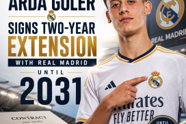 Arda Güler signing a two-year contract extension with Real Madrid until 2031, smiling and holding the agreement.