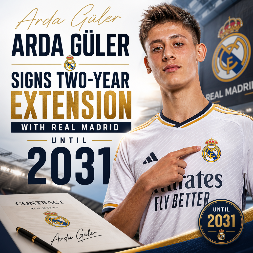 Arda Güler signing a two-year contract extension with Real Madrid until 2031, smiling and holding the agreement.