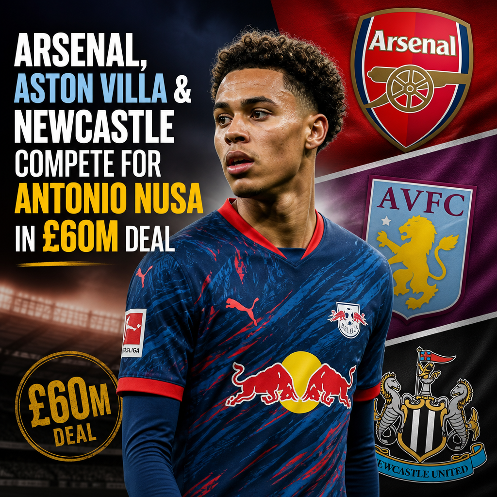 Antonio Nusa in action as Arsenal, Aston Villa, and Newcastle vie for his £60M transfer signing.