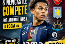 Portrait of Antonio Nusa in an Arsenal jersey with logos of Arsenal, Aston Villa, and Newcastle in the background.