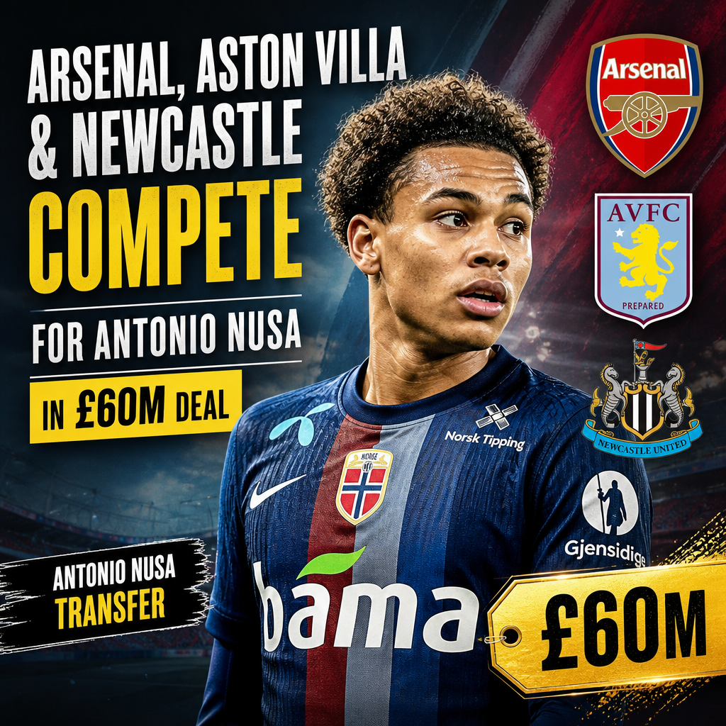 Portrait of Antonio Nusa in an Arsenal jersey with logos of Arsenal, Aston Villa, and Newcastle in the background.