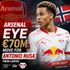 Antonio Nusa in RB Leipzig jersey, Arsenal targets €70M transfer move for Norway star forward.