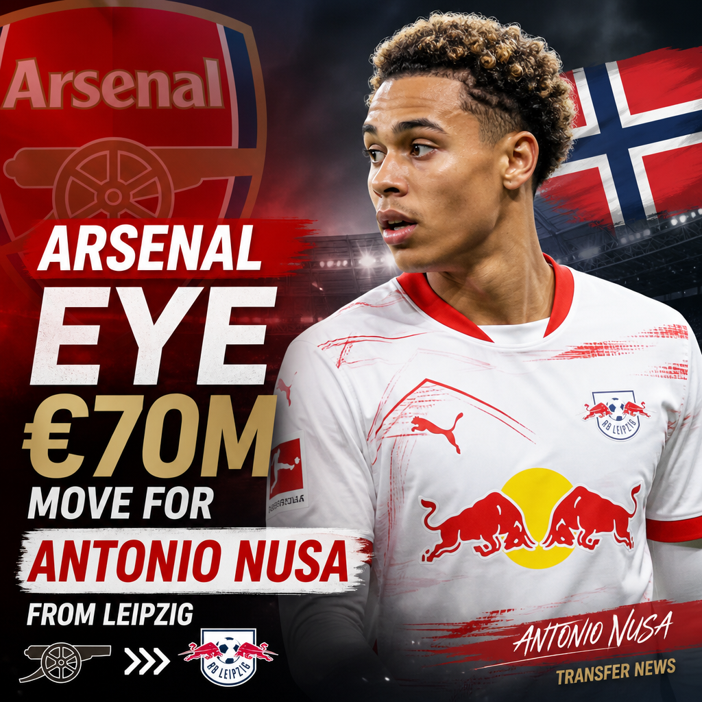 Antonio Nusa in RB Leipzig jersey, Arsenal targets €70M transfer move for Norway star forward.