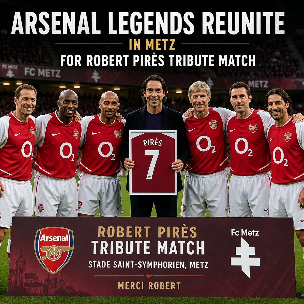 Arsenal legends gathered on the pitch at Stade Saint-Symphorien in Metz for Robert Pirès tribute match.