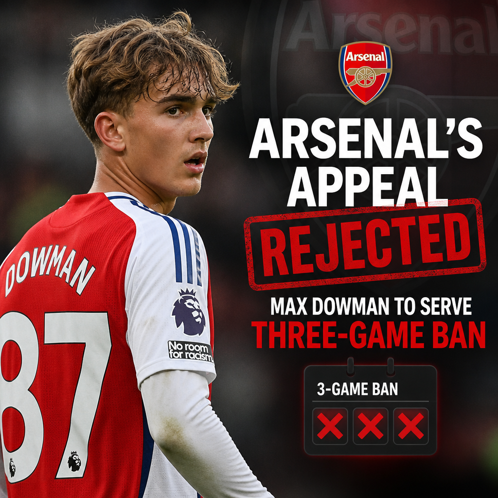 Arsenal player Max Dowman looks dejected after the club's appeal against his ban is rejected.