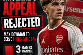 Max Dowman of Arsenal looks disappointed after his three-game ban appeal is rejected.