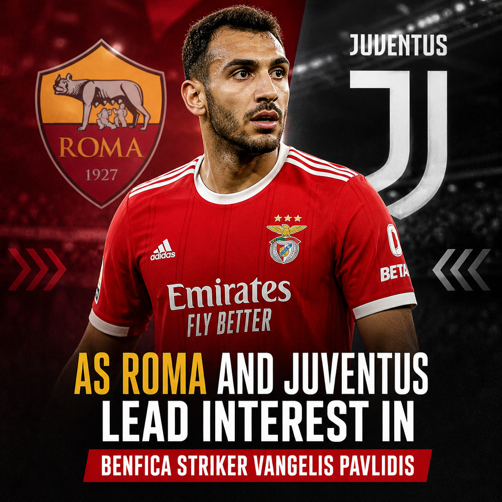 AS Roma and Juventus logos above Benfica striker Vangelis Pavlidis in action during a match.