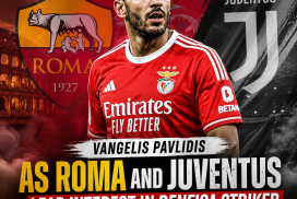 AS Roma and Juventus logos with Benfica striker Vangelis Pavlidis in the center, highlighting transfer interest.