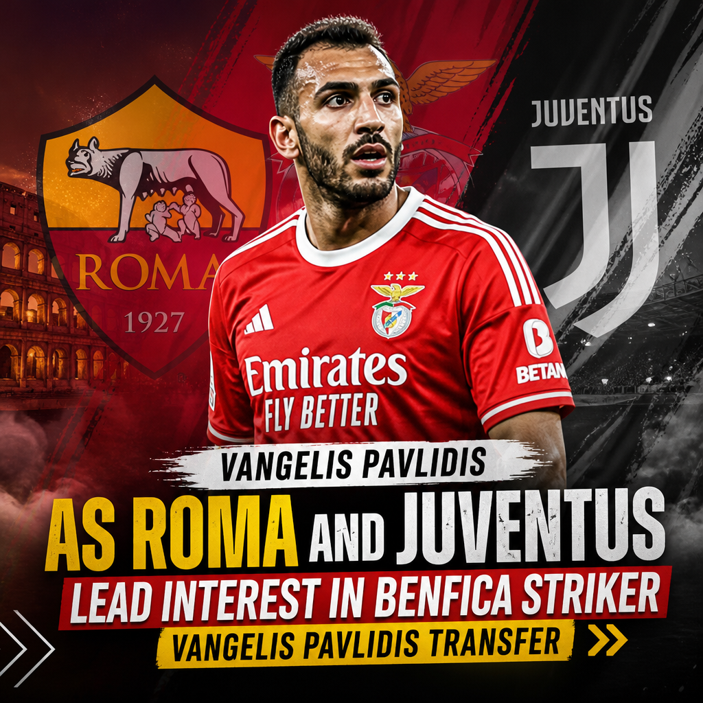 AS Roma and Juventus logos with Benfica striker Vangelis Pavlidis in the center, highlighting transfer interest.