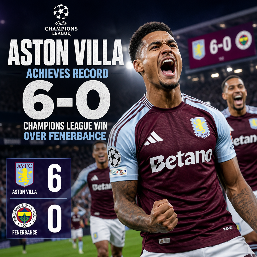 Aston Villa players celebrate a 6-0 Champions League victory over Fenerbahce on the football field.