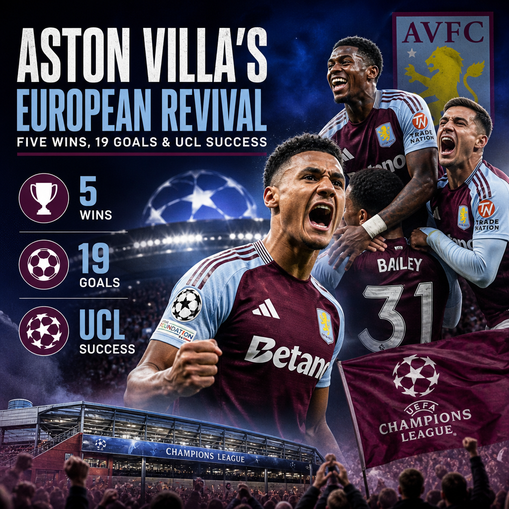 Aston Villa players celebrating European wins, highlighting five victories and 19 goals in UEFA Champions League.