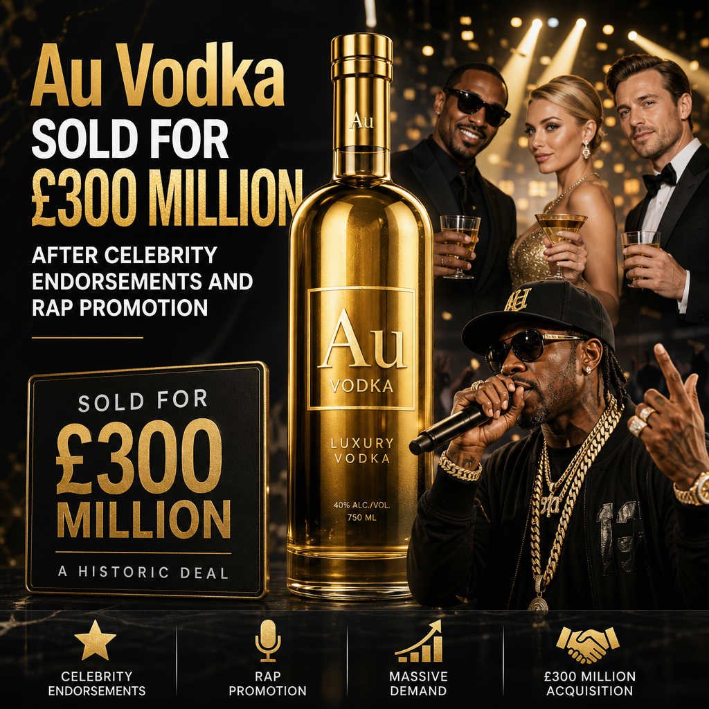 Bottle of Au Vodka displayed with celebrity endorsement and text about a £300 million sale deal.