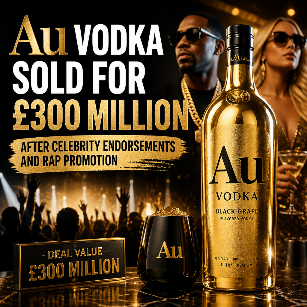 Bottle of Au Vodka with celebrity and rap promotion highlighting its £300 million sale.