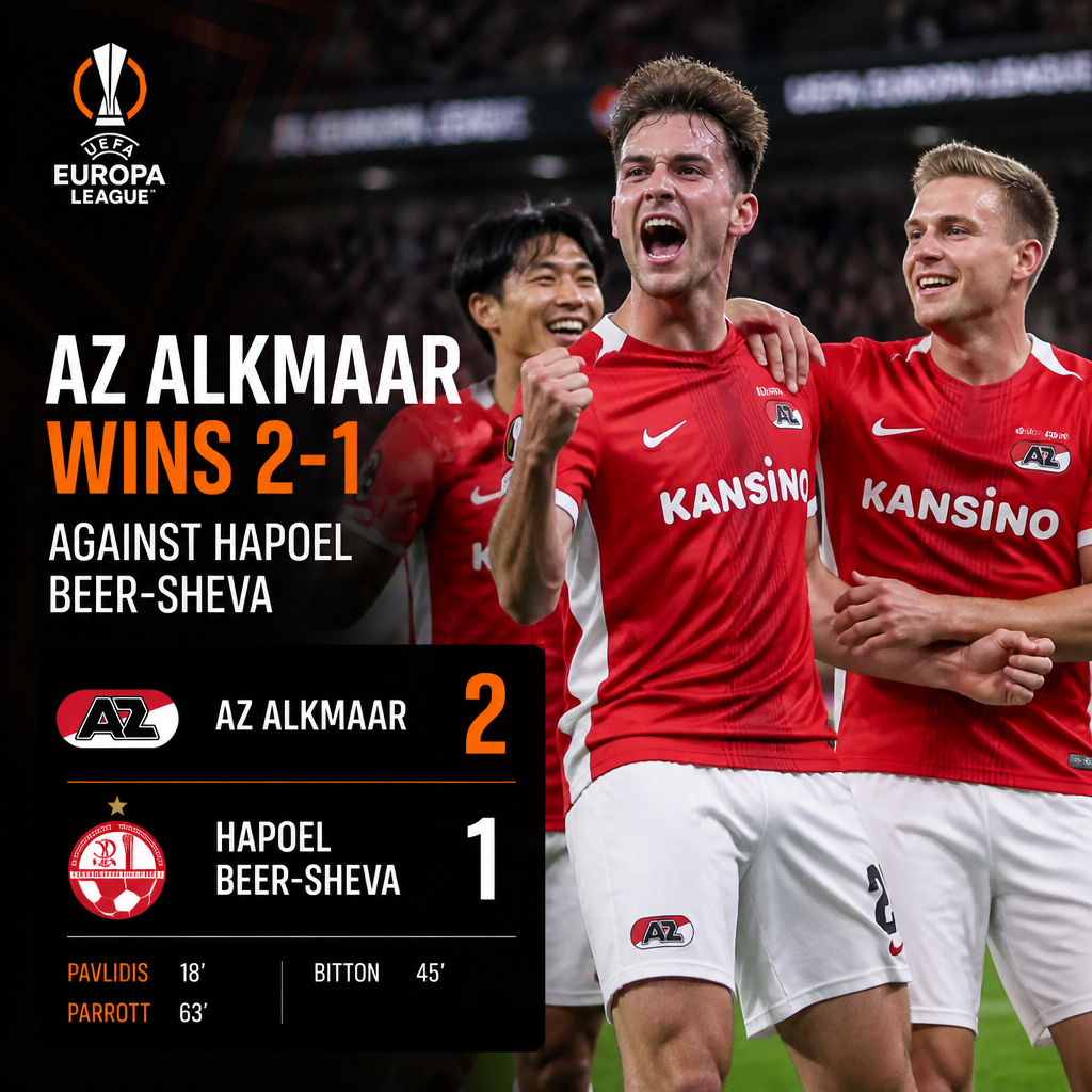 AZ Alkmaar players celebrate their 2-1 UEFA Europa League victory against Hapoel Beer-Sheva on the field.