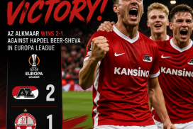 AZ Alkmaar players celebrate their 2-1 win against Hapoel Beer-Sheva in the UEFA Europa League match.