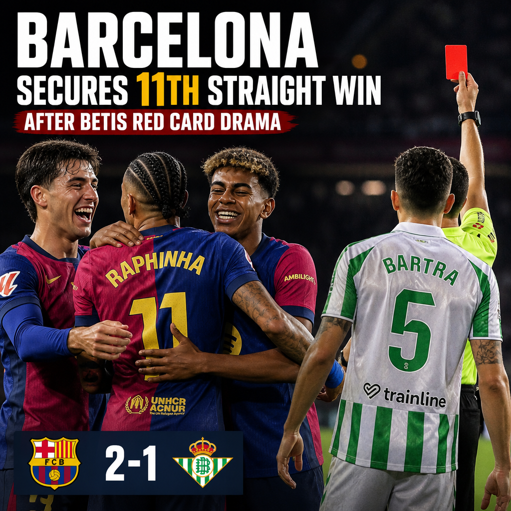 Barcelona players celebrate their 11th consecutive win after Betis receives a red card in a 2-1 match.