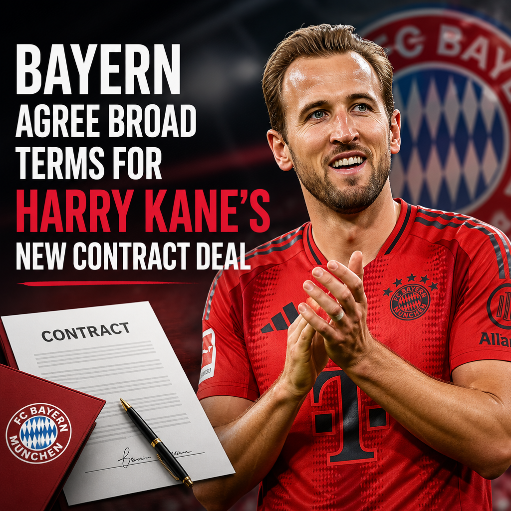 Harry Kane in Bayern Munich jersey celebrates with teammates after agreeing on a new contract deal.