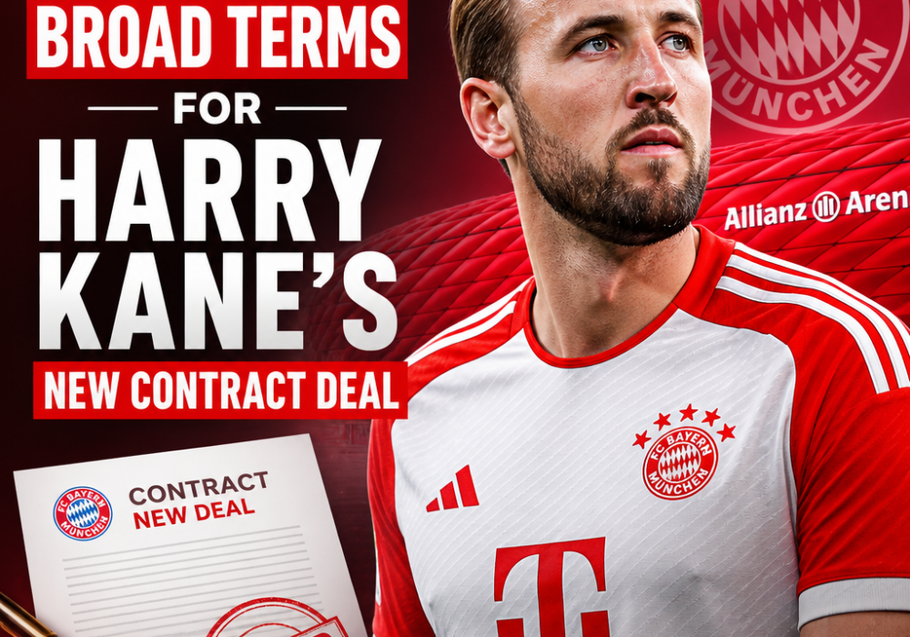 Harry Kane in Bayern Munich jersey smiling during contract agreement announcement.