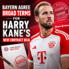 Harry Kane in Bayern Munich jersey smiling during contract agreement announcement.