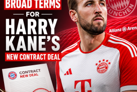 Harry Kane in Bayern Munich jersey smiling during contract agreement announcement.