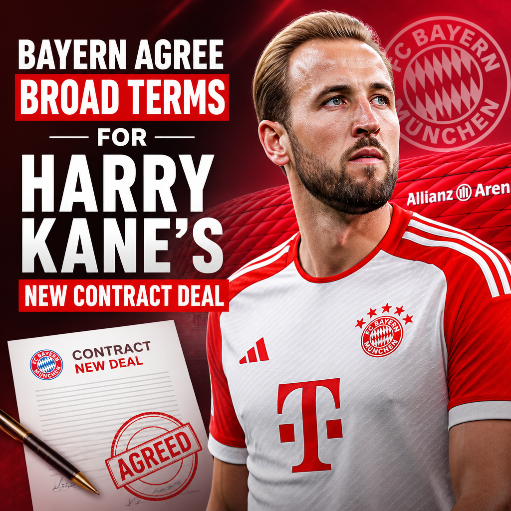 Harry Kane in Bayern Munich jersey smiling during contract agreement announcement.