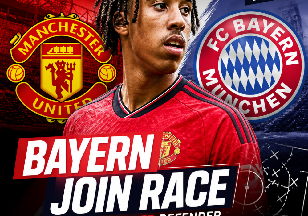 Leny Yoro in action on the field, with Bayern Munich and Manchester United logos, symbolizing the 2024 transfer race.