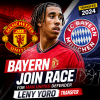 Leny Yoro in action on the field, with Bayern Munich and Manchester United logos, symbolizing the 2024 transfer race.
