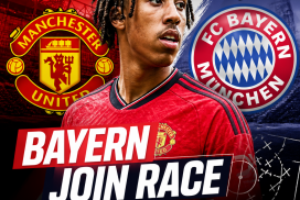 Leny Yoro in action on the field, with Bayern Munich and Manchester United logos, symbolizing the 2024 transfer race.