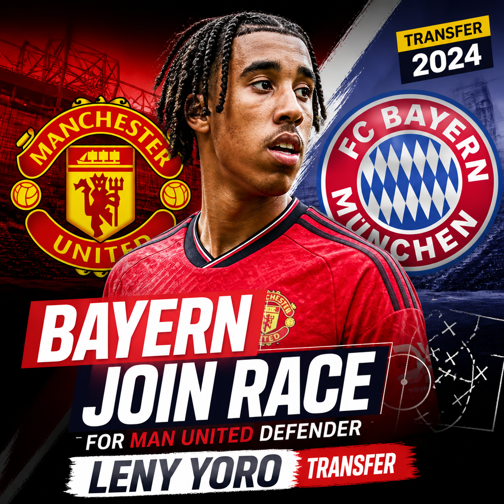 Leny Yoro in action on the field, with Bayern Munich and Manchester United logos, symbolizing the 2024 transfer race.