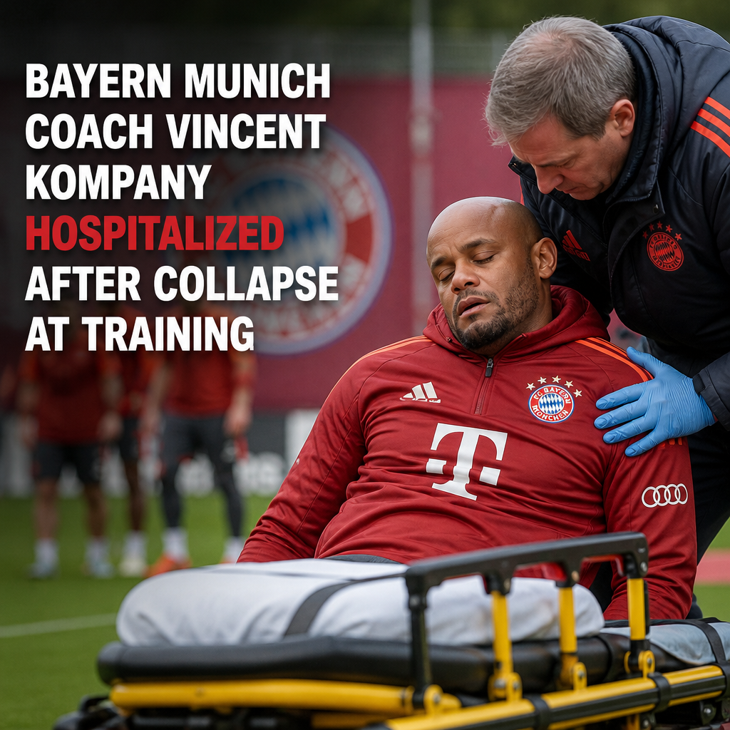 Bayern Munich coach Vincent Kompany receiving medical attention after collapsing during training.