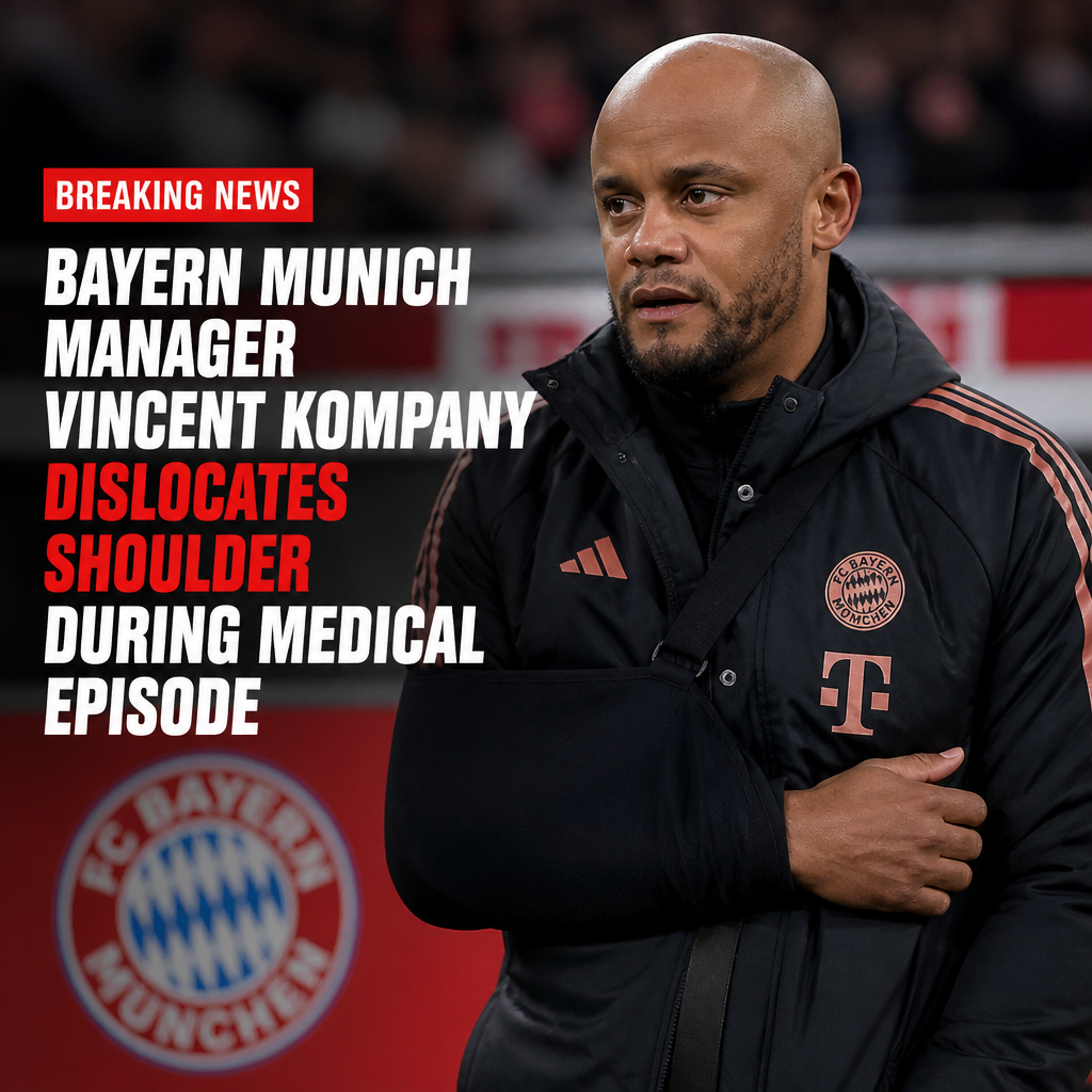 Bayern Munich manager Vincent Kompany grimacing in pain, holding his dislocated shoulder during a medical episode.